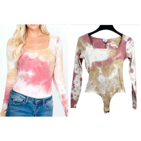 LE LIS Tie-Dye Ribbed Jersey Snap Crotch Bodysuit Blouse Top L/S Medium NWT - Picture 2 of 12